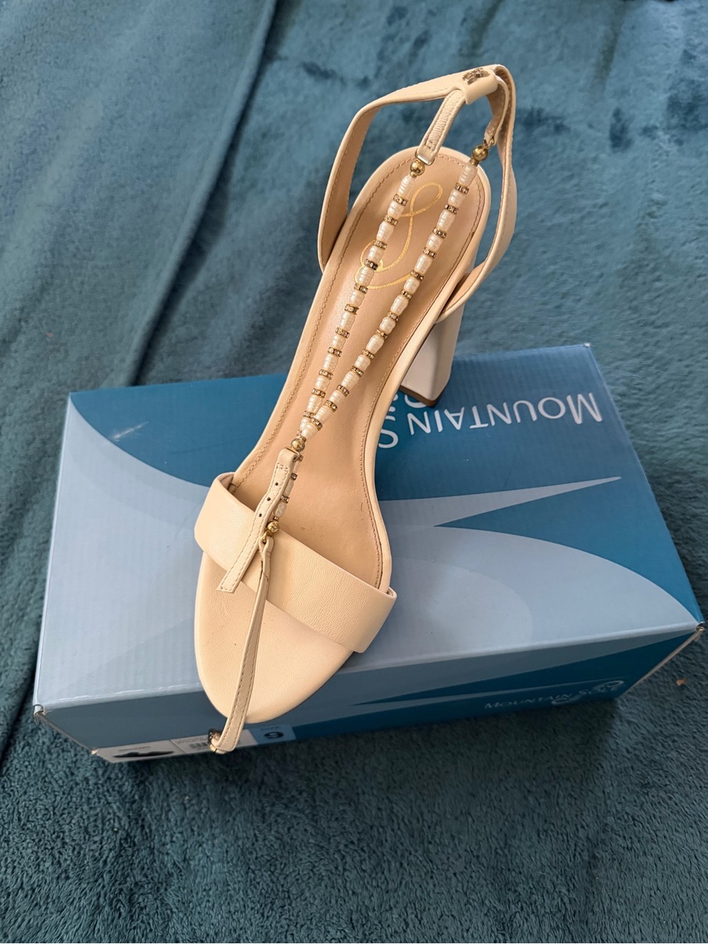 Sam Edelman Beige Beaded T-Strap Block Heel Sandal